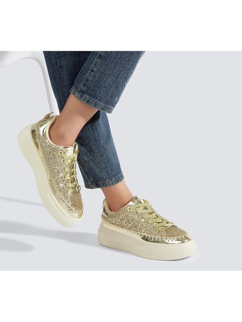 Women's Gold Sparkly Shiny Low Top Glitter Fashion Bling Casual Walking Sneakers - Picture 6 of 6